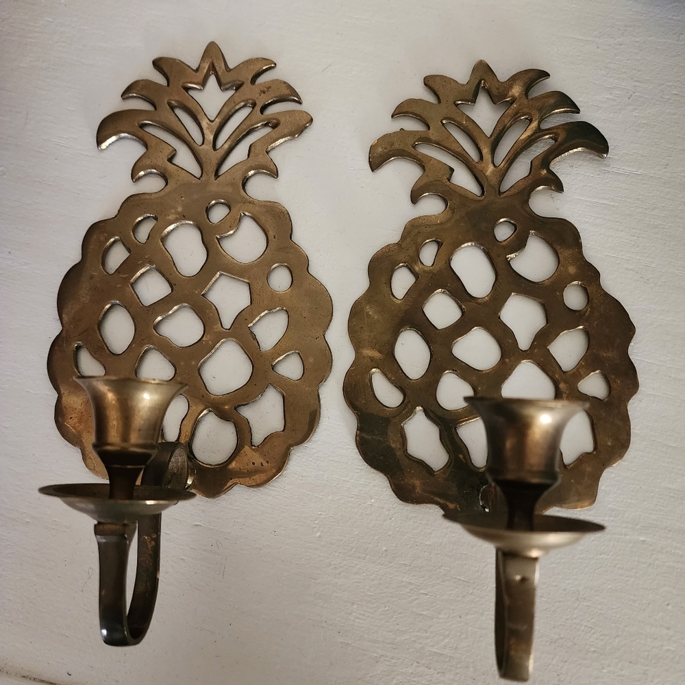 2 pc Set of Vintage Brass Pineapple Candle Holder Sconces - Picture 1 of 5